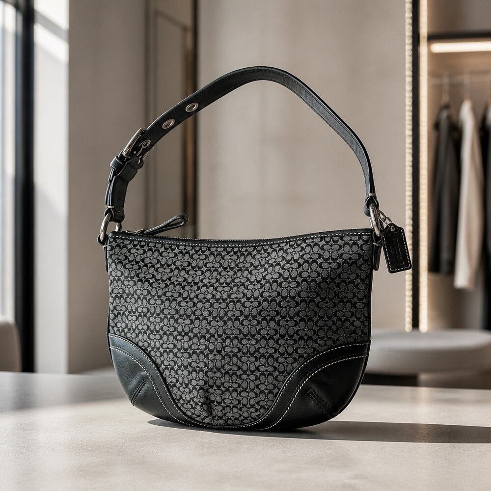 Coach Leather Signature Canvas Small Purse Shoulder Bag Zip Closure Black Gray